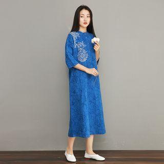 3/4-sleeve Print Midi Sheath Dress