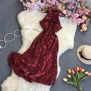 Sleeveless Halter Sequined Maxi A-line Dress
