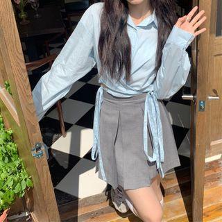 Long-sleeve Plain Cropped Shirt / Pleated Mini Skirt