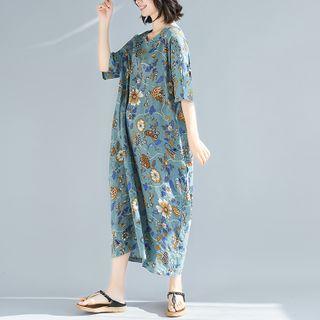 Elbow-sleeve Floral Print Midi A-line Dress As Shown In Figure - One Size