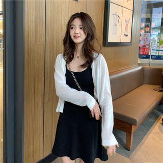 Knit Spaghetti-strap Dress / Plain Knit Long-sleeve Cardigan