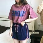 Set : Letter Short-sleeve T-shirt + Piped Shorts