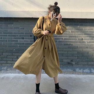 Balloon-sleeve Tie-waist Midi Shirtdress Khaki - One Size
