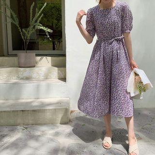 Square-neck Tie-waist Floral Print Dress