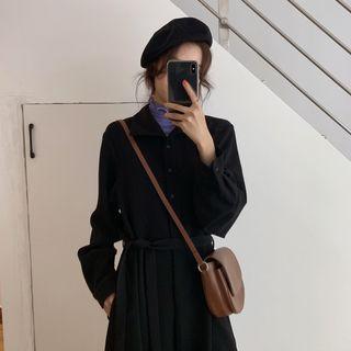 Long-sleeve Chiffon A-line Midi Dress Black - One Size