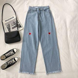 Heart Embroidered High-waist Jeans