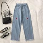 Heart Embroidered High-waist Jeans