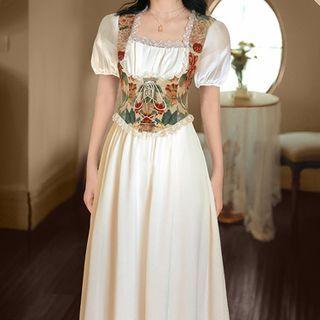 Mock Two-piece Puff-sleeve Floral Print Panel Midi Dress (various Designs)