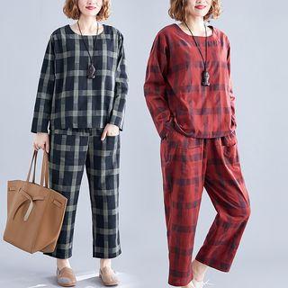 Set: Long-sleeve Plaid Top + Plaid Harem Pants