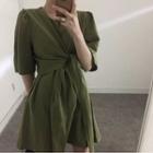 Plain Irregular Midi Dress With Sash Green - One Size