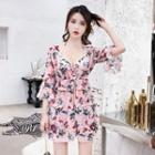 Set: Floral Print Bikini Top + Swim Skirt + Cover Up