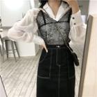 Plain See-through Long-sleeve Loose-fit Shirt / Lace Camisole Top