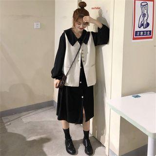 Long Sleeve A-line Shirtdress / Buttoned Vest