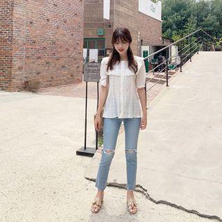 Frill-trim Crinkled Crochet Blouse Ivory - One Size