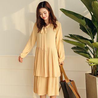 Pleated Hem Layered Plain Long Sleeve Dress