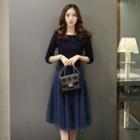 3/4-sleeve Embellished Midi Tulle Dress