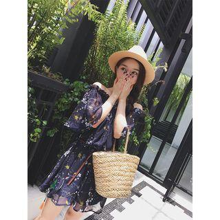 Off-shoulder Print Elbow-sleeve Dress