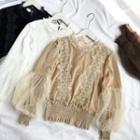Lace Mesh Velvet Puff-sleeve Blouse