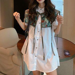 Set: Puff-sleeve Shirt + Flower Print Shawl