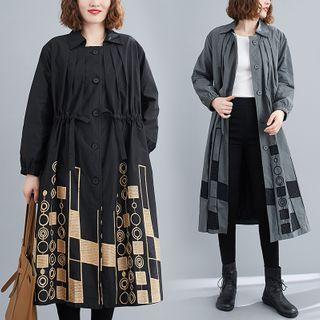 Puff-sleeve Geometric Print Midi A-line Dress