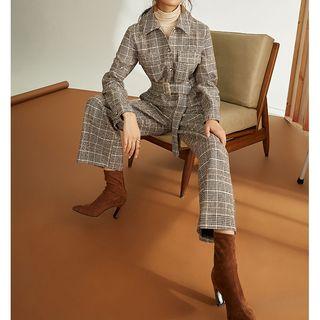 Long-sleeve Plaid Jumpsuit