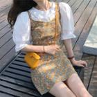 Set: Puff-sleeve Blouse + Flora Print Overall Dress