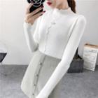 Long-sleeve Ruffle Trim Faux Pearl Top