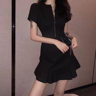 Short-sleeve Zipped Mini A-line Dress