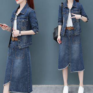 Set: Button Denim Jacket + Asymmetric Denim Skirt