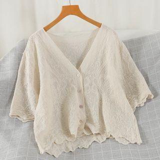 Elbow-sleeve Button-up Linen Blouse