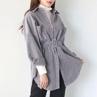 Dual-pocket Corduroy Shirt With Belt