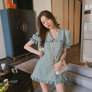 Puff-sleeve Check Frill Trim Mini A-line Dress