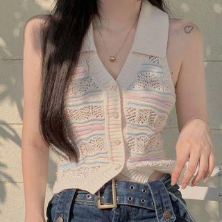 Sleeveless Patterned Knit Top Off-white - One Size