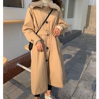 Furry Collar Button Long Coat