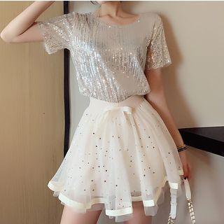 Set: Sequin Short-sleeve T-shirt + Mesh Contrast Trim Star Print Mini Skirt