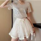 Set: Sequin Short-sleeve T-shirt + Mesh Contrast Trim Star Print Mini Skirt