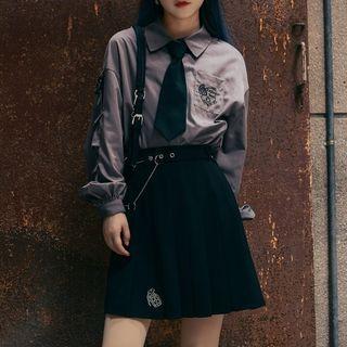 Embroidered Pocket Detail Shirt / Mini Pleated Skirt