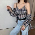 Plaid Cropped Camisole Top / Plaid Long-sleeve Shirt