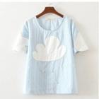 Cloud Applique Faux Pearl Elbow Sleeve T-shirt