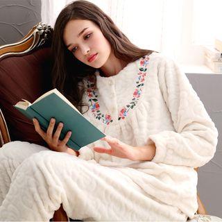 Loungewear Set: Floral Embroidered Coral Fleece Top + Pants