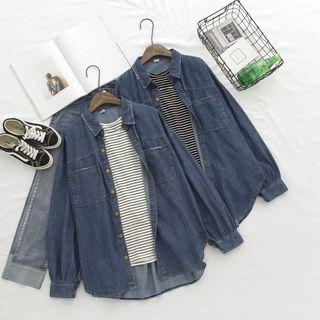 Striped Panel Mock Two-piece Denim Shirt