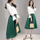 Set: Contrast Trim Long Sleeve Chiffon Blouse + Plain Midi A-line Skirt