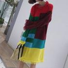 Color Block Long-sleeve Knitted Midi Dress Multicolor - One Size