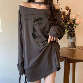 Off Shoulder Cat-print Long-sleeve Top