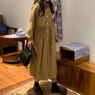 Long-sleeve Tie-neck Corduroy Midi Dress
