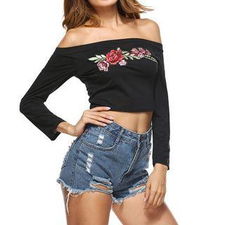 Off-shoulder Embroidered Cropped Top