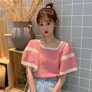 Elbow-sleeve Lace Trim Gingham Top