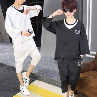 Set: Mock Two-piece 3/4-sleeve Top + Cropped Sweatpants