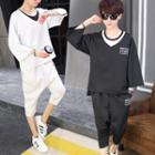 Set: Mock Two-piece 3/4-sleeve Top + Cropped Sweatpants