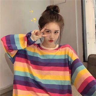 Rainbow Stripe Long-sleeve Sweatshirt As Shown In Figure - One Size
